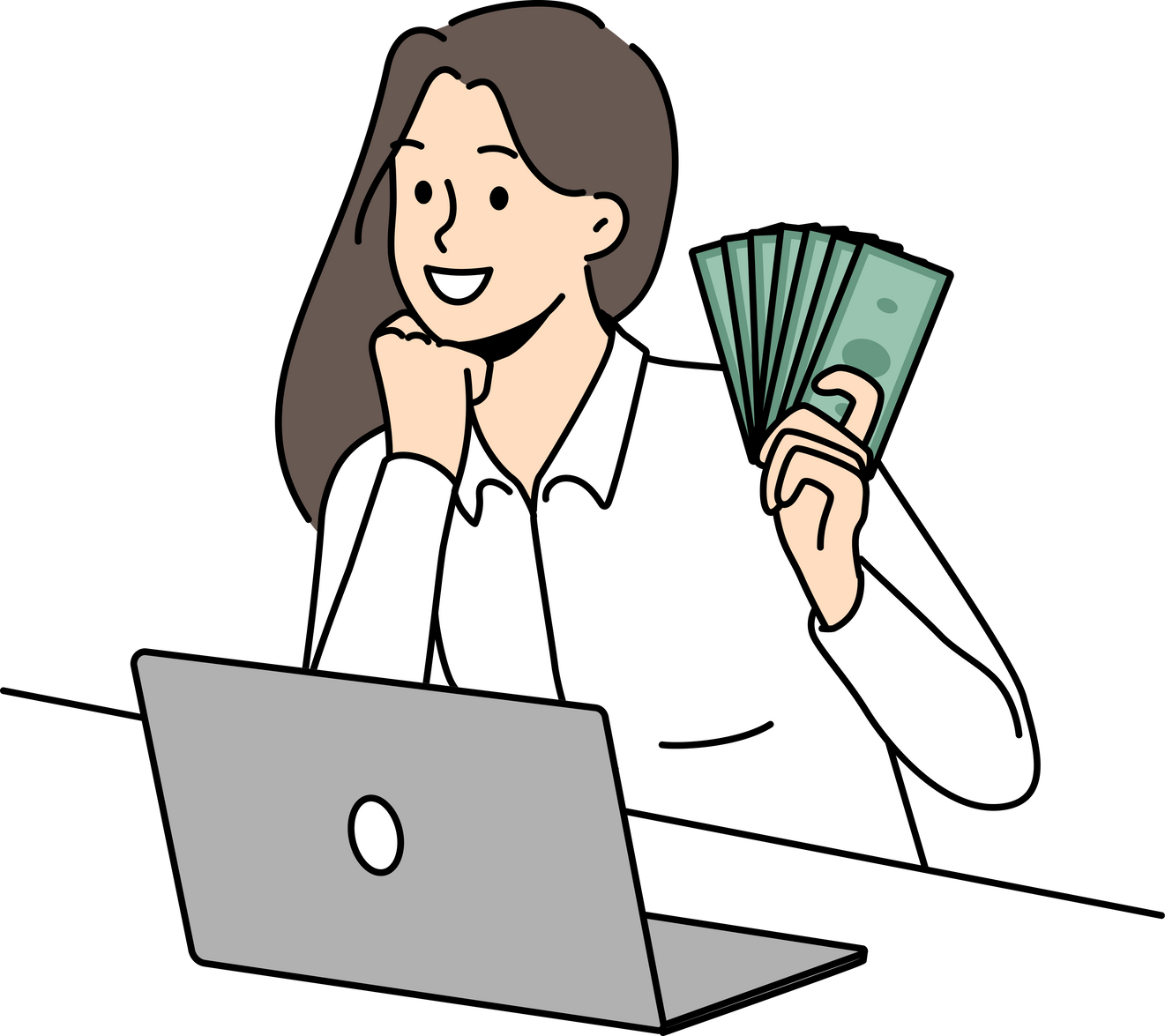 Smiling woman work on laptop online earn money